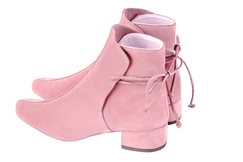 Carnation pink women's ankle boots with laces at the back. Round toe. Low block heels. Rear view - Florence KOOIJMAN